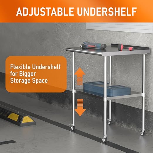 Stainless Steel Prep Table 30" X 30" with Adjustable Undershelf, Backsplash and Wheels, Commercial Metal Workstations for Kitchen, Garage, Outdoor BBQ