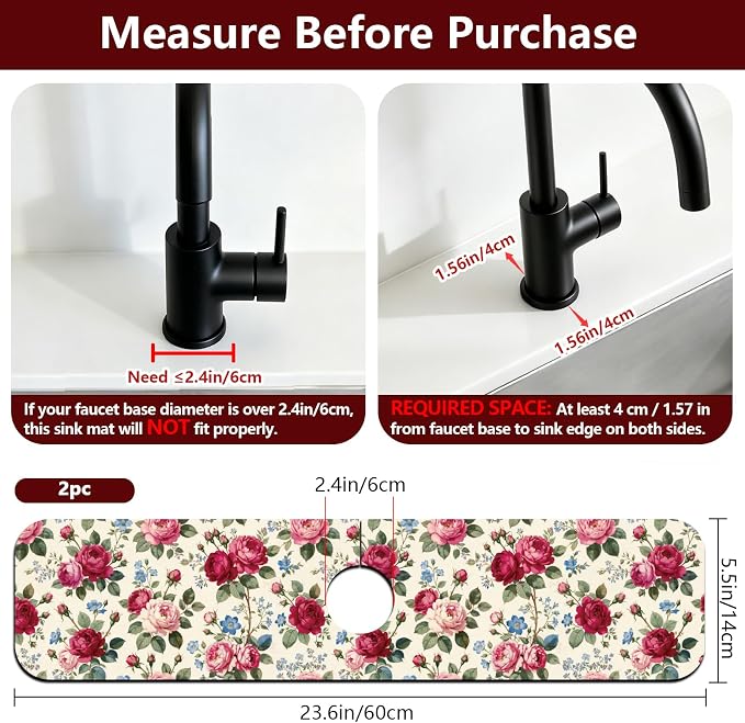2 Pcs Pink Roses Kitchen Sink Splash Guard Faucet Mat Flowers Faucet Mats - Image 2