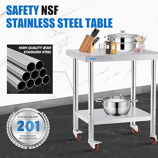 Stainless Steel Table for Prep & Work with 4 Caster Wheels with Adjustable Undershelf 24 x 30 NSF Metal Commercial Kitchen Worktable for Restaurant Home Outdoor | Prep & Work, 4 Caster Wheels, NSF, Commercial Kitchen, Worktable