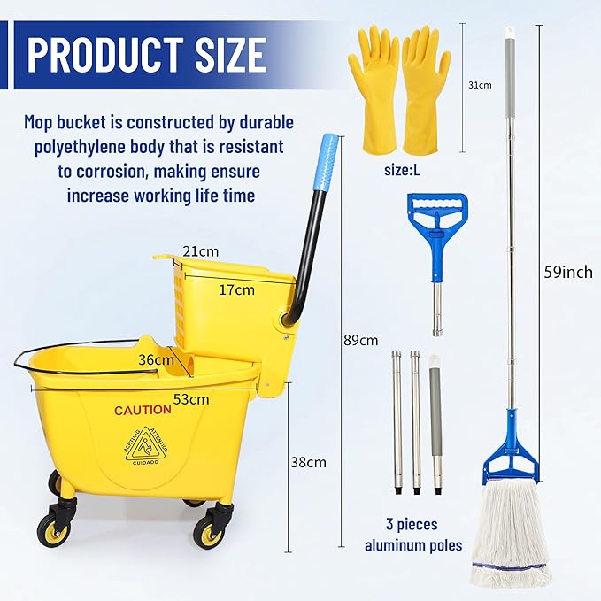 35QT Side-Press Mop Bucket and Wringer Combo on Wheels, Yellow,Including One Heavy Duty Industrial Mop and One Set Large Rubber Cleaning Gloves