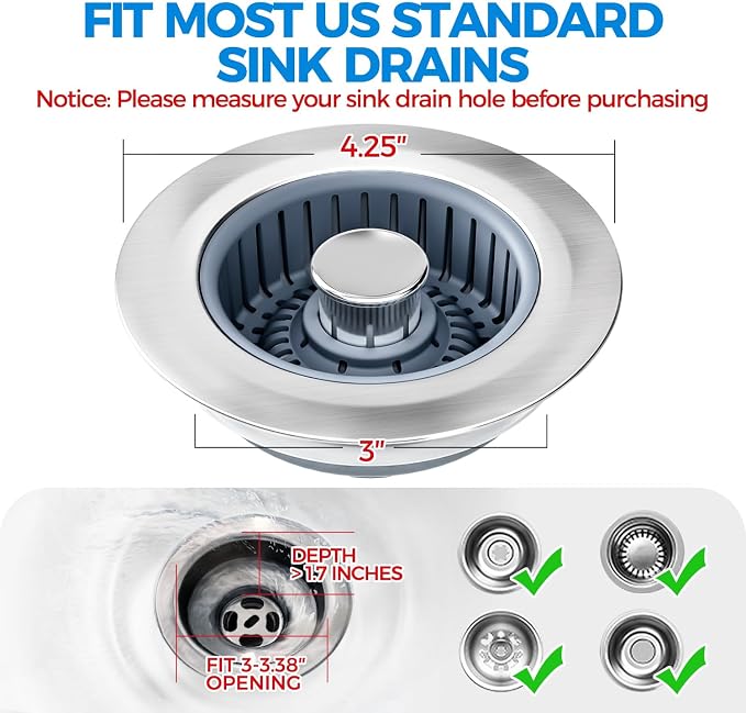 zaa 3 in 1 Kitchen Sink Drain Strainer Stopper Removable Basket Pop-Up - Image 7