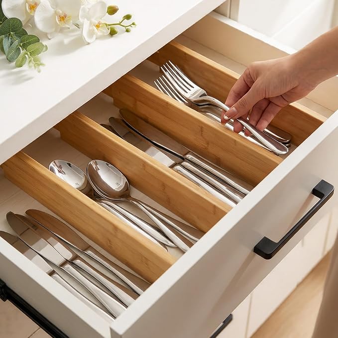 Utoplike Kitchen Drawer Divider, Expandable Bamboo Drawers Organizer 3.2" H | - Image 9