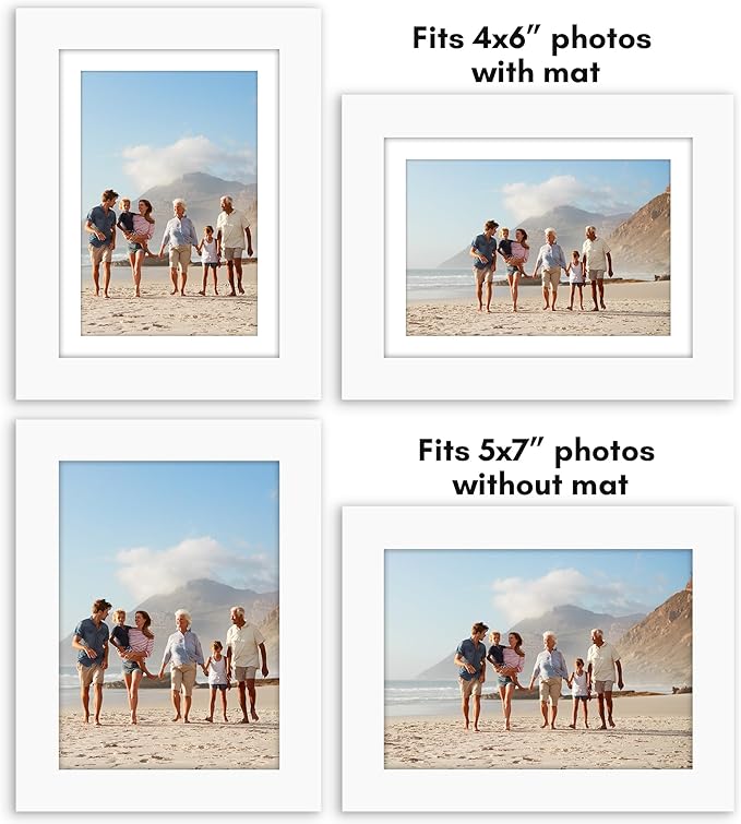 Americanflat 5x7 Picture Frame with Polished Plexiglass - Set of 5 - Use as 4x6 Frame with Mat or Display 5x7 Photo Without Mat - Galleria Collection - Picture Frames for Tabletop and Wall - White