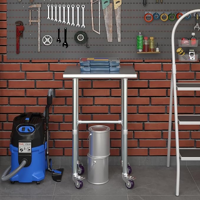 Stainless Steel Work Table Open Base & Wheels | Work Station | Metal Work Bench (Stainless Steel Work Table Open Base + Casters) (24" Long x 18" Deep)