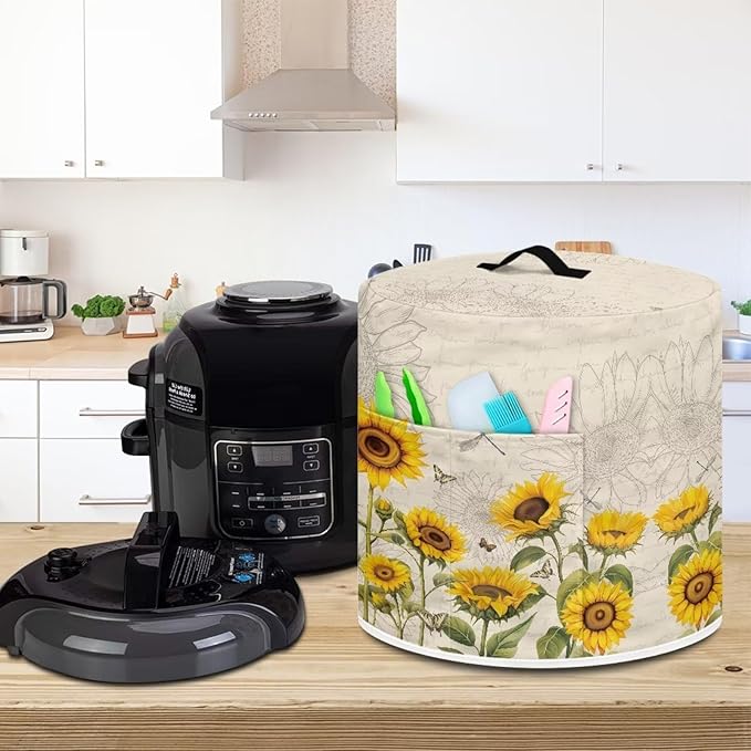 Air Fryer Pressure Cooker Dust Cover, for 8 Qt Kitchen Appliance Cover, with Top Handle and Accessories Pockets for Home Decoration, Sunflower Dragonfly Retro