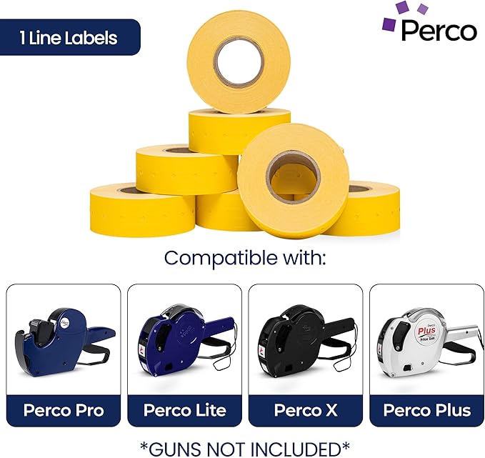 Perco 1 Line Yellow Labels - Case of 30 Sleeves, 240,000 Blank Pricing Labels for Perco Lite, X, Plus and Pro 1 Line Price and Date Guns