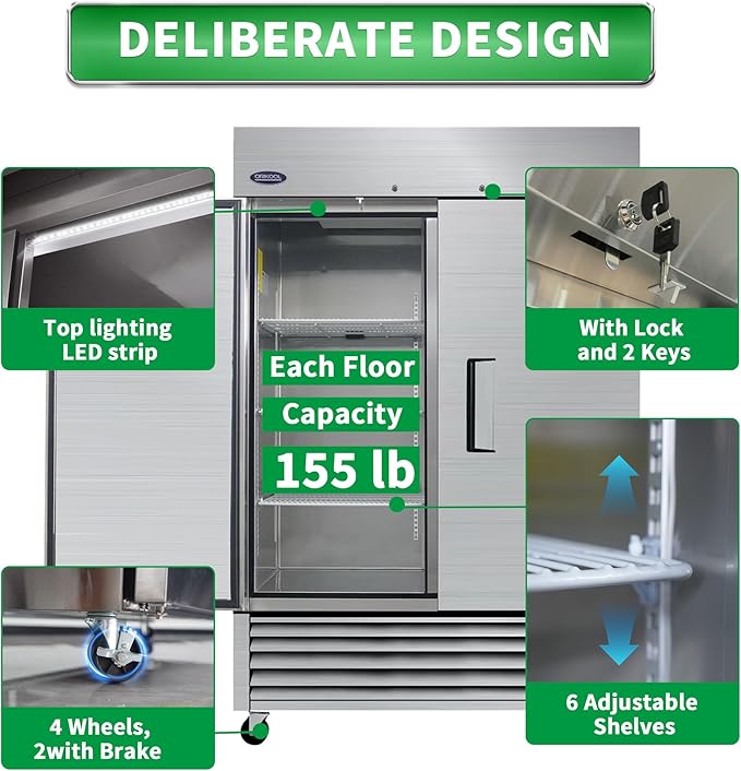 54"W Commercial Refrigerator Freezer,49 Cu.ft Commercial Refrigerator with 2 Door Reach-In Freezers Stainless Steel,ETL Upright Freeze Storage w/ 6 Adjustable Shelves,LED Light,for Restaurant,Silver