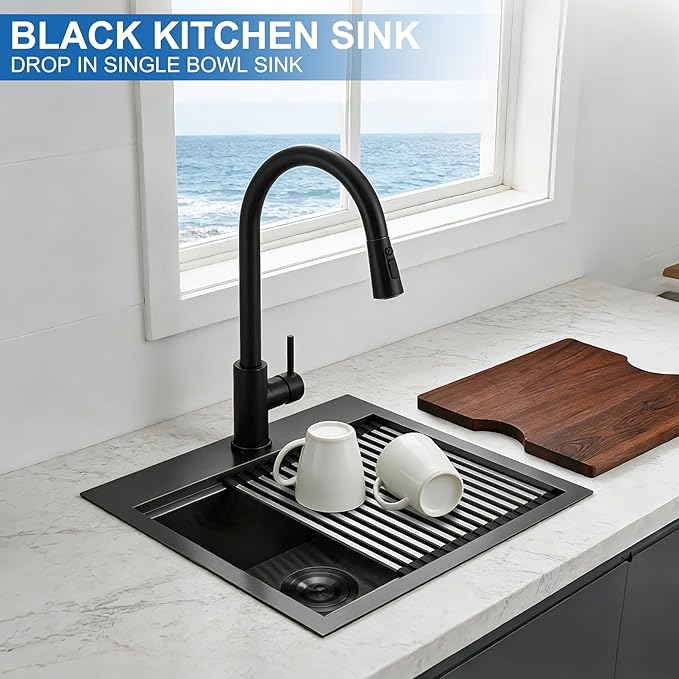Scamall 15x15x9 Drop In Kitchen Sink Workstation, Nano Black 304 Stainless Steel Deep Single Bowl with Quick Drainage & Tarnish-Free Surface for Bar, Laundry, RV, Includes Accessories