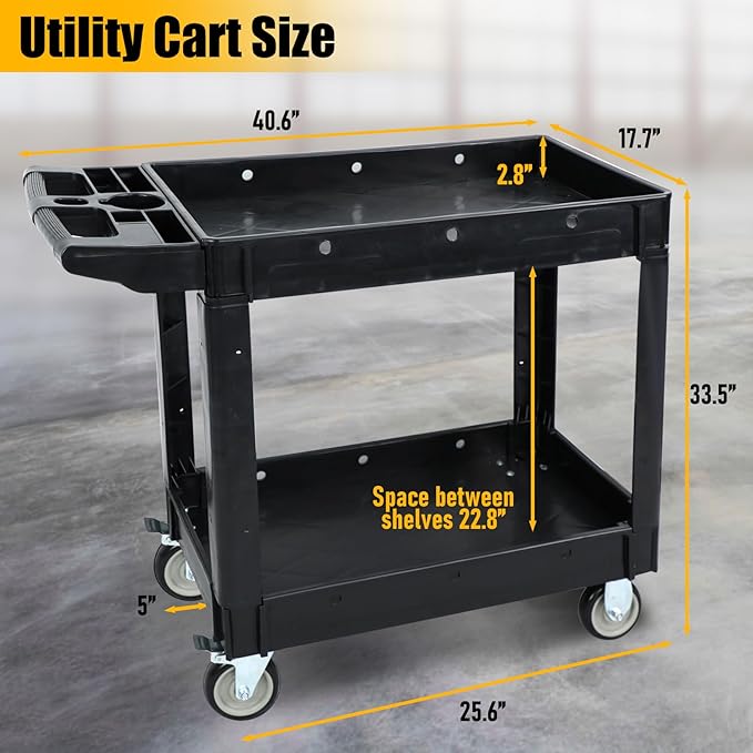 Utility Rolling Tool Cart, 40 x 17-Inch Plastic Rolling Carts Huge Storage W/Deep 2-Shelf Heavy Duty Service Carts with Wheels,550 lbs Capacity Organizer for Garage,Warehouse,Workshop-Medium