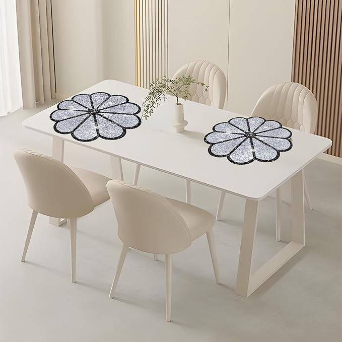 Washable Waterproof Diamond Circle Placemats for Round Tablescape Decor for Dinner and Kitchen Bling Placemats for Weddings & Special Events -4 PCS (Silver and Black)