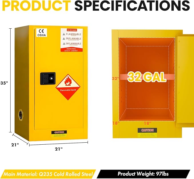 Flammable Storage Cabinet 21"x21"x35", 30 Gallon Chemical Safety Cabinet with Adjustable Shelf, Thickened Galvanized Steel Fireproof Cabinet for Flammable Liquids