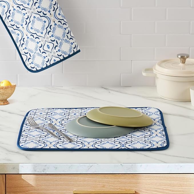 FRESHMINT Dish Drying Mats 2 Pack, Morrocan Tile | Quick Dry, Ultra Absorbent - Image 2