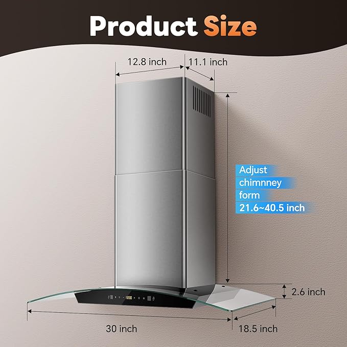 Range Hood 30 Inch, Tieasy Wall Mount Kitchen Hood with Ducted/Ductless Convertible Duct, Stainless Steel Chimney and Baffle Filters, Touch Control Fan Timer, LED Lights, 3 Speed Fan