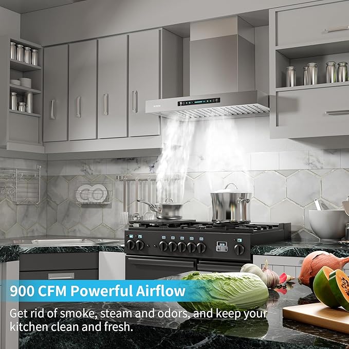 IKTCH 30 inch Wall Mount Range Hood, 900 CFM Ducted Range Hood with 4 Speed Fan, Durable Stainless Steel with Gesture Sensing & Touch Control IKP01-30