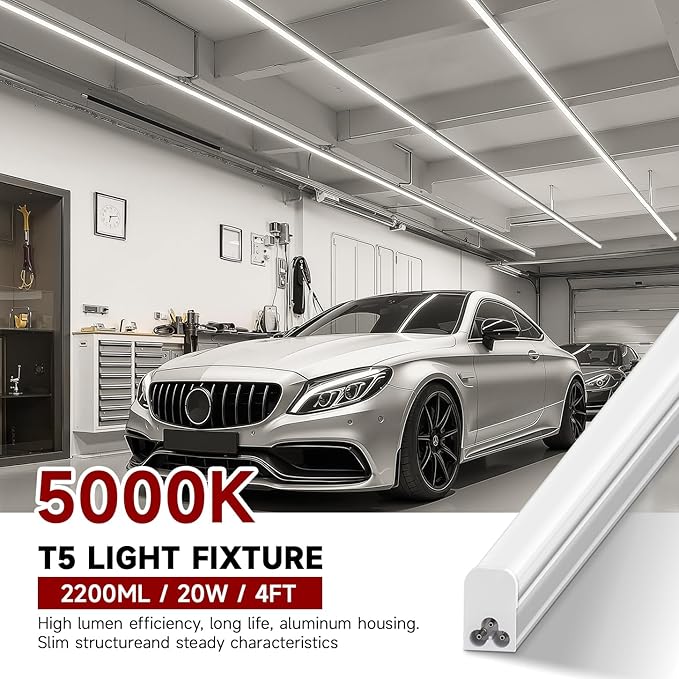 4 Pack T5 LED Shop Light, 4FT, 20W, 5000K 2200LM, Linkable Utility Fixture for Under Cabinet, Kitchen, Garage, Basement, Workshop Lighting, Easy Installation, Plug & Play