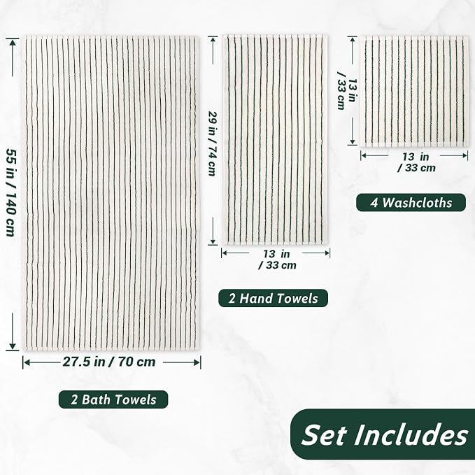 8 Piece Green Towel Set, Super Soft & Absorbent Cotton Striped Towels | - Image 4