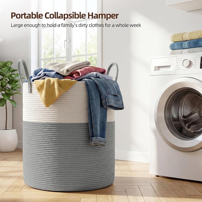 OIAHOMY 60L Nursery Hamper Laundry Basket Laundry Hamper Grey/White - Image 3