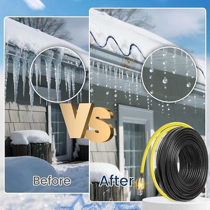 105 FT Heat Tape for Roof and Gutters, YeloDeer Gutter Heater Cable Heat Trace Cable for Snow De-Icing Ice Dam & Pipe Freeze Protection 7W/FT 120V