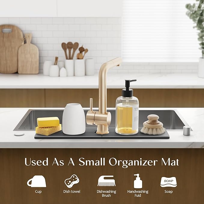 Large Faucet Mat for Kitchen Sink - Stone Drying Mat for Kitchen Counter, Diatomite Fast Drying Stone Sink Tray, Super Absorbent, Stylish Decor and Protector for Bathroom (Dark Grey, 23.6" x 5.5")