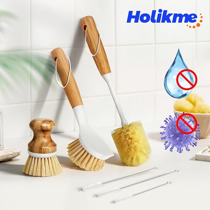 Holikme 6 Pack Dish Brush with Bottle Brush Scrub Brush Straw, Amarillo | - Image 6