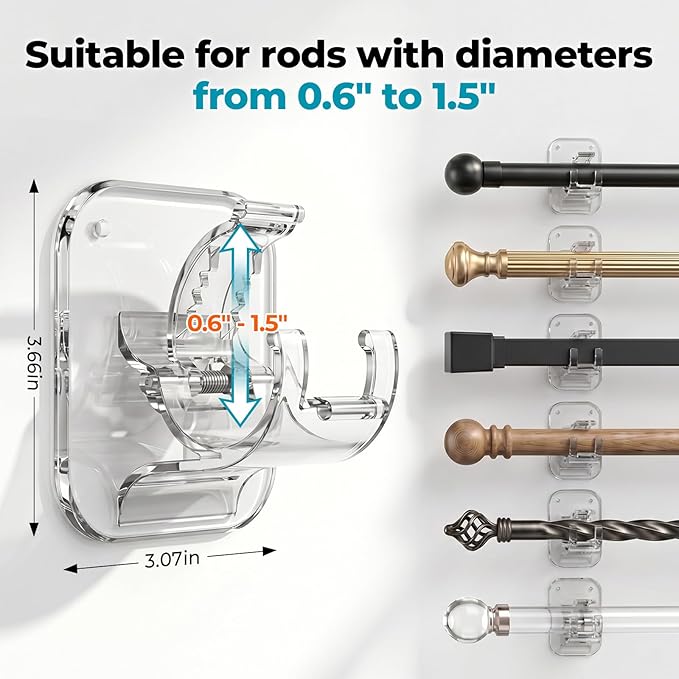 No Drill Curtain Rod Brackets-20LB, 4 Pack Self Adhesive Curtain Rod Holder | - Image 2