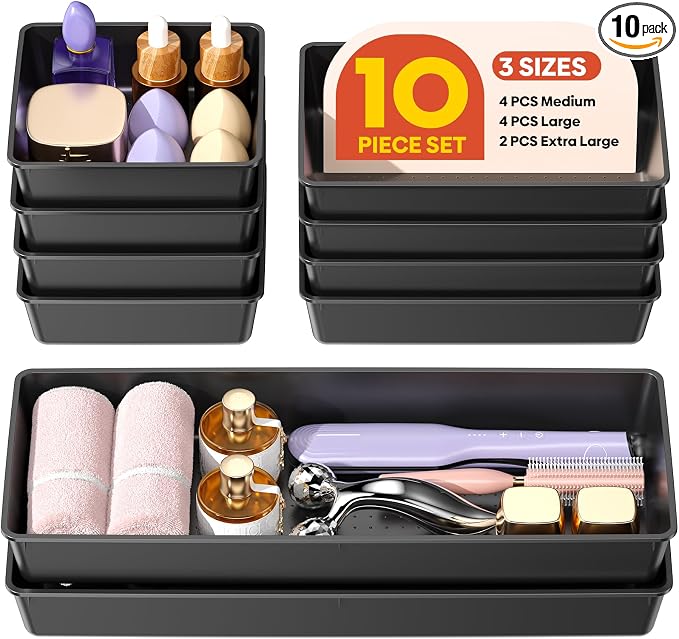 10 Pack Large Size Plastic Drawer Organizers Set, 3 Sizes Desk Drawer Organizer by Unknown