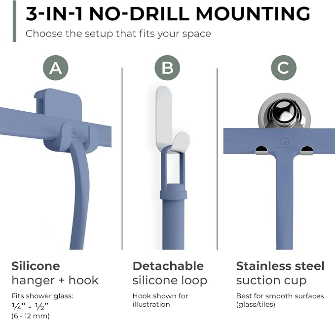 Silicone Shower Squeegee with 3-in-1 No-Drill Mount, Stainless Steel Core - Image 3