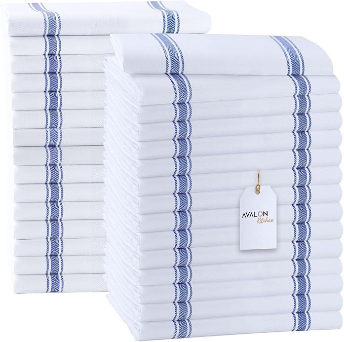 Dish Towels 30 Pack Blue Stripe 100% Cotton Kitchen Towel 15x25 Inch Tea Towels by Avalon+Kitchen