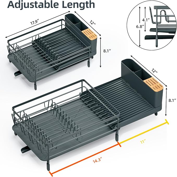 Urackify Extendable Dish Rack, 18.5"-26.7" L x 12.7" W, Dark Slate Gray | - Image 8
