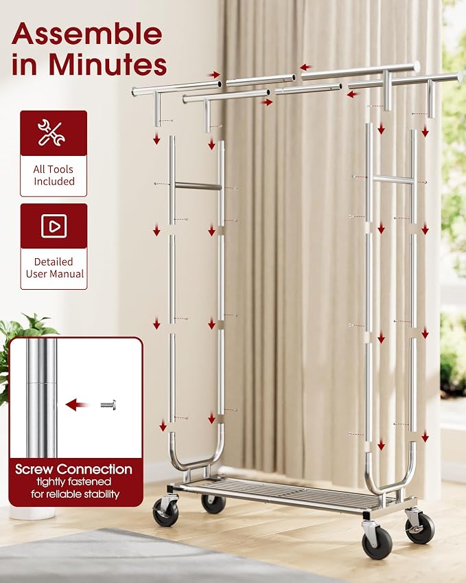 Sakugi Heavy Duty Stainless Steel Rolling Clothes Rack - Image 7