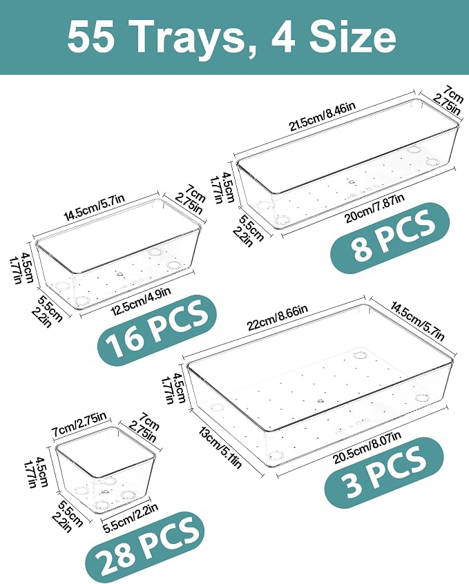 55Pcs Clear Plastic Drawer Organizers Set, 4size makeup drawer organizer trays - Image 2