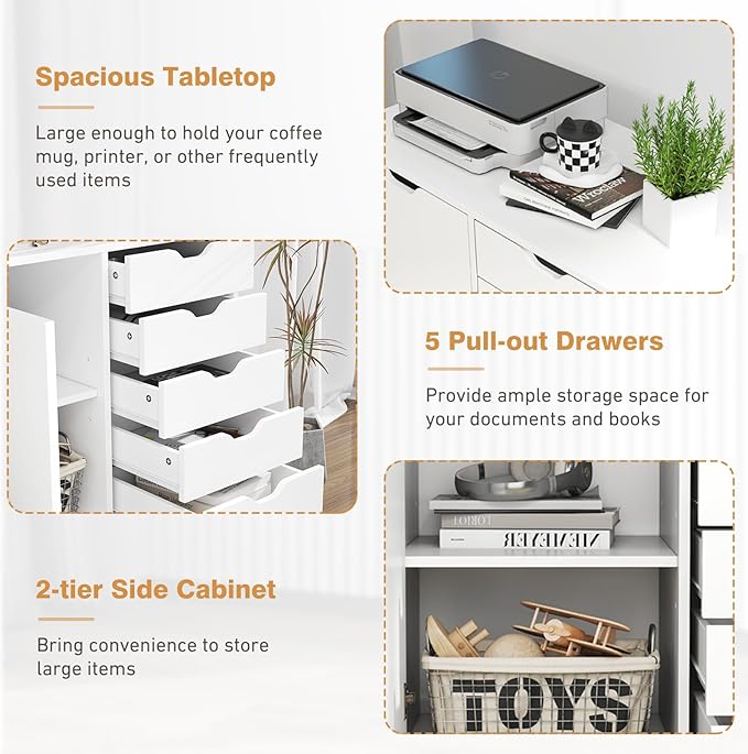 File Cabinet, White Filing Cabinet w/Universal Wheels, Printer Stand w/Door & Storage Drawers, Rolling File Cart for Home Office, Living Dining Room, Bedroom (White, 5 Drawers & 1 Door)