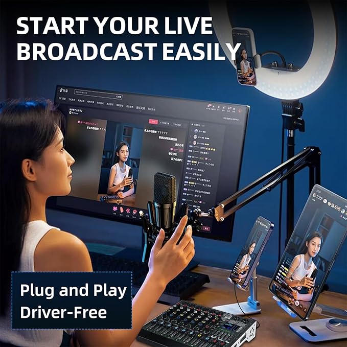 Professional DJ Audio Mixer,6 Channel Sound Mixing music Board With 99 DSP Effects,Console System PA Mixer with Bluetooth,w/USB,48V Phantom Power,Vocal Removal for Live Streaming Studio(DT-6)