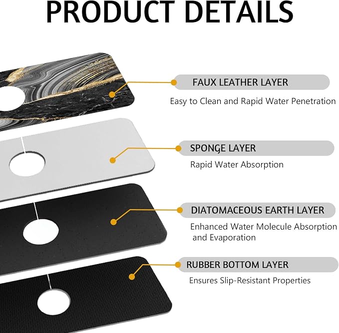 MCALK Marble Black Kitchen Sink Faucet Mat Splash Guard, Absorbent Quick-Dry - Image 3