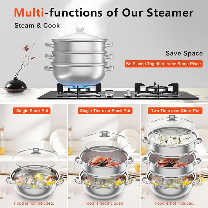 3-Tier Food Steamer Pot for Cooking, Stainless Steel Steamer Pot with Transparent Lid, 11inch Diameter, Stackable Steaming Pots Steam Cooker Cookware for Dumpling Seafood, Work for Induction Stove (11in Diameter)