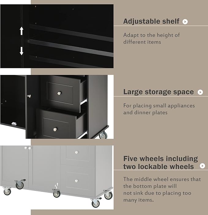Favfurish 52.7" Rolling Mobile Kitchen Island Cart with Drop Leaf Wood Top, Adjustable Shelves Coffee Bar Trolley on Lockable Casters & Storage Cabinet & 3 Drawers for Dining Room, Black