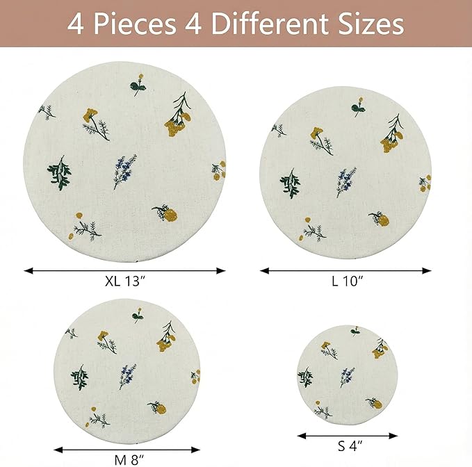Reusable Bowl Covers (Set of 4) - Breathable Cotton Linen Sourdough Accessories - Elastic Durable Fabric Food Lids for Proofing Baskets & Bread Baking Supplies (Natural Beige)