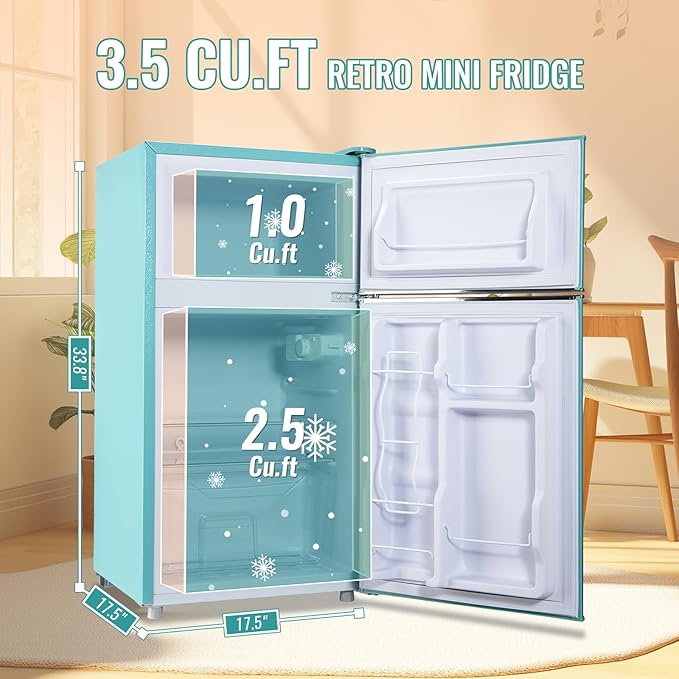 WANAI 3.5 Cu.Ft Mini Fridge with Freezer, Retro Small Refrigerator with 2 Handles, 7 Settings Temperature Adjustable, 2 Door Refrigerator for Office, Dorm, Bedroom, Apartment, Blue