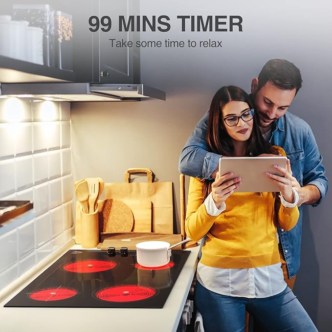 4 Burner Electric Cooktop,7200W Built-in & Countertop 4 Burner Electric Stove Top with 9 Power Levels, Child Safety Lock & 99mins Timer, 30 inch Electric Cooktop 220-240V (No Plug)