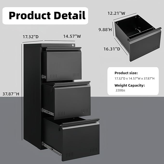 Vertical 3 Drawer File Cabient with Lock, Metal Filing Cabinets for Home Office, Heavty Duty Office Storage Cabinet for A4/Letter/Legal (Matte Black)