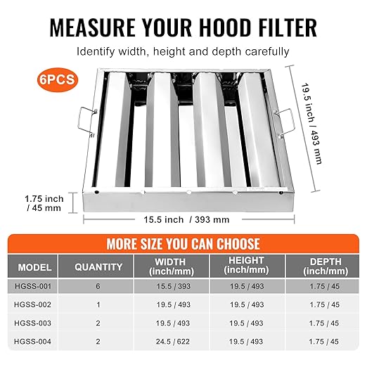 VEVOR Commercial Hood Filter, 15.5W x 19.5H Inch Range Hood Filters, Stainless Steel Restaurant Range Hood Baffle Filter for Grease Rated Commercial Kitchen Exhaust Hoods, 3 Grooves, Pack of 6