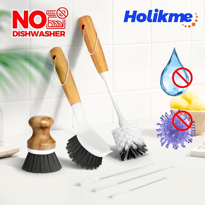 Holikme 6 Pack Dish Brush with Bottle Brush Scrub Brush Straw, Palm Scrub Brush - Image 5