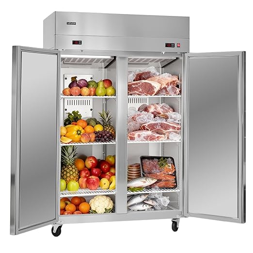 VEVOR Commercial Refrigerator and Freezer Combo 48" W, 32 Cu.Ft Stainless Steel Upright Refrigerator/Freezer with Double Doors, Auto-Defrost, 6 Adjustable Shelves, UL Certified