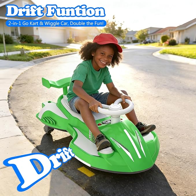 12V Electric Wiggle Car With Pedal, Ride On Car Toy For Kids From Ages 3 And Up, Birthday Gifts for Boys and Girls, Anti-Rollover, Flashing Wheels, Bluetooth, 140Lbs, Tailpipes jet effect(Green+White)