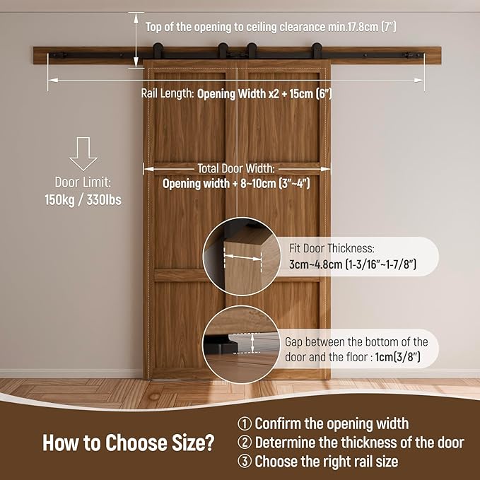 CCJH 19FT Sliding Barn Door Hardware Kit, Heavy Duty, Smoothly and Silently, Easy to Install, Fit 57" Width Double Door Panel, T-Shaped Style Black