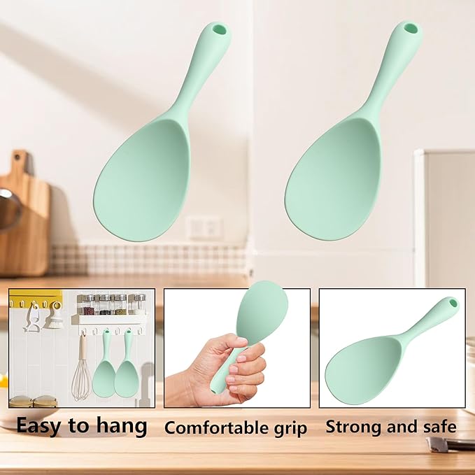 2PCS 8.8 Inch Silicone Rice Paddle Spoon, Light Green Non Stick Rice Spatula, Heat Resistant Rice Cooker Spoon for Rice, Salads, Mashed Potato