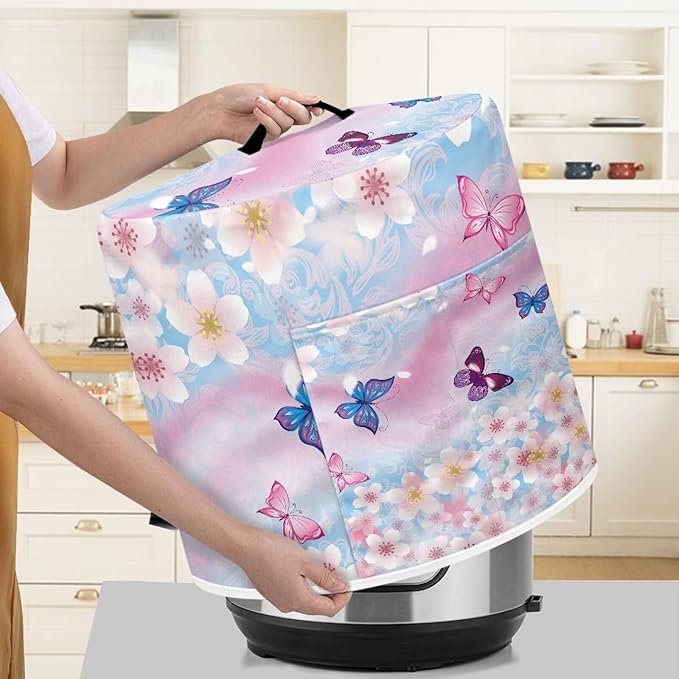 Pink Butterfly Kitchen Appliance Dust Covers Blue Butterfly Cover for Appliances Flower Fryer Dust Covers Pot Covers with Handle and Pocket Rice Cooker Covers Dust-Proof