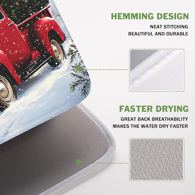 Giwawa Red Truck Dish Drying Mat Winter Xmas Tree Drainer Rack Pad 16"x18" - Image 4