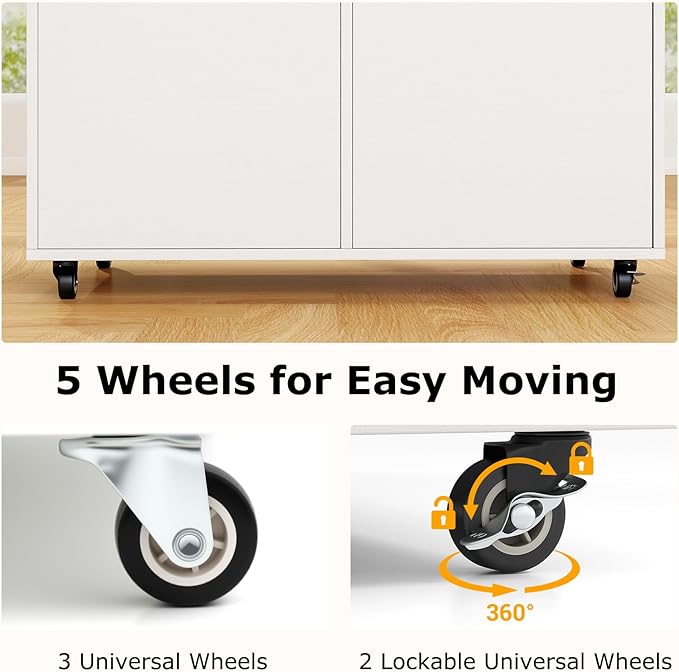 File Cabinet, White Filing Cabinet w/Universal Wheels, Wood Printer Stand w/4 Drawers & 2 Doors, Rolling File Cabinets for Home Office, Living Dining Room (White, 4 Drawers & 2 Doors)