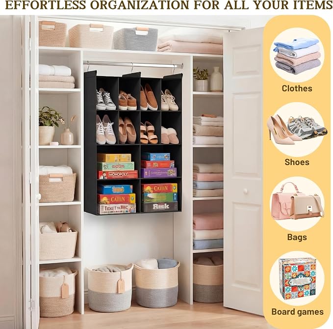 4 Tier Hanging Closet Organizer, 12 Compartments Dual Row Storage, 3 Sturdy - Image 6